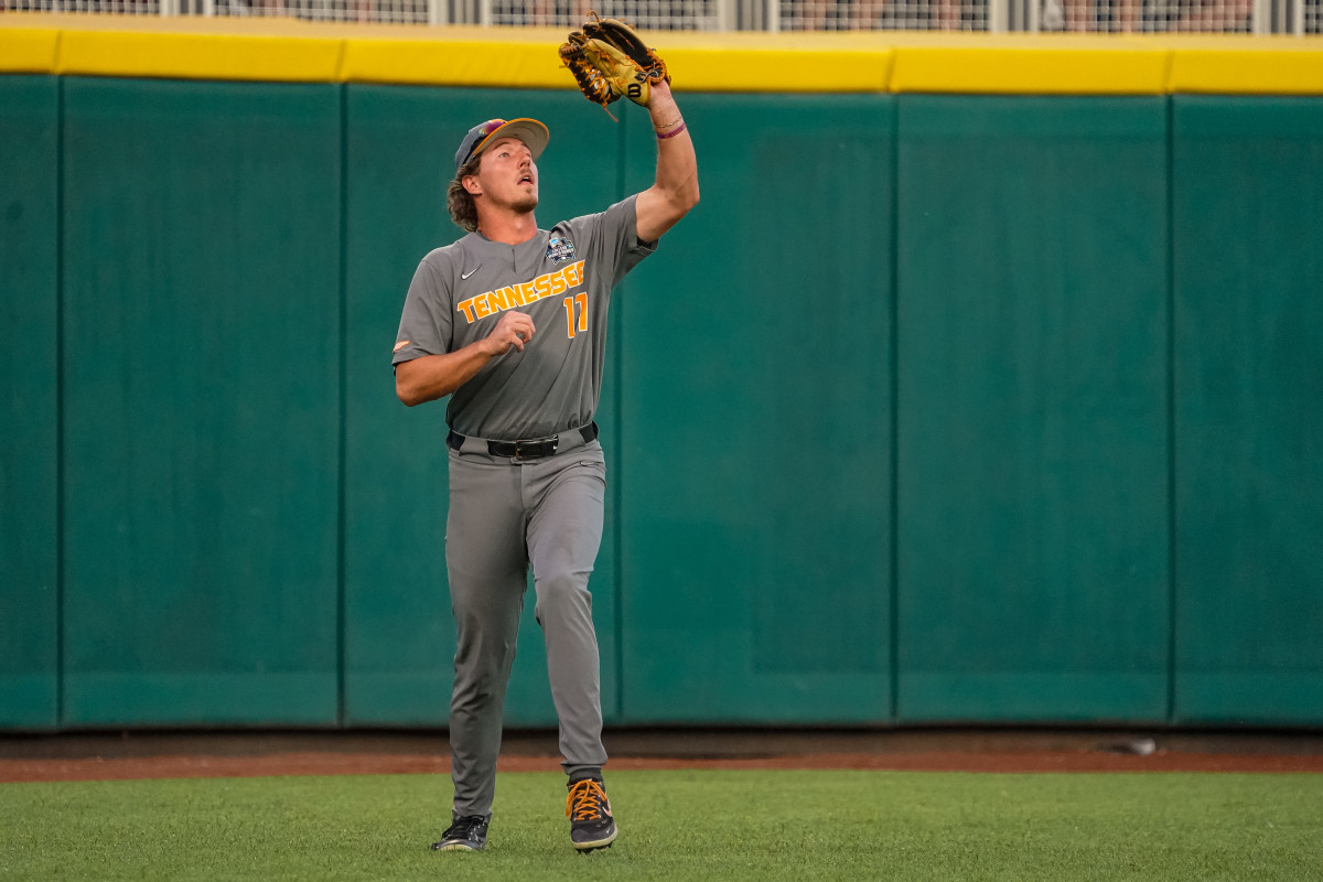 Tennessee Volunteers OF Jared Dickey during a loss to LSU during the College World Series. (Photo by Dylan Widger of USA Today Sports)
